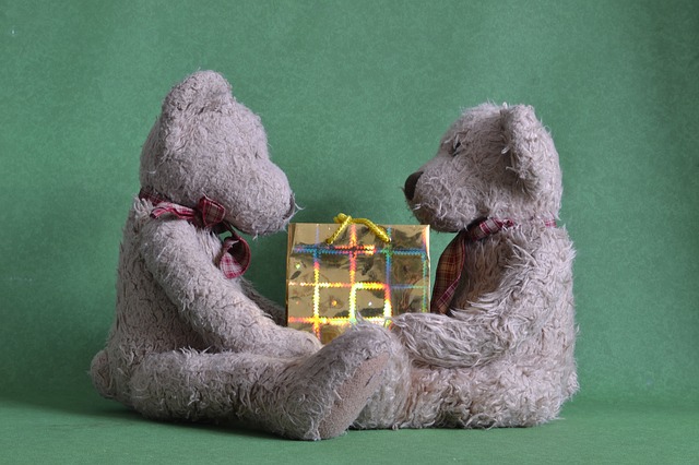 Zwei Teddybären sitzen sich nah gegenüber und halte beide gemeinsam ein Geschenk der Liebe