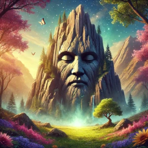 Großer Berg mit schlafendem Gesicht und kleinem Baum vor sich
