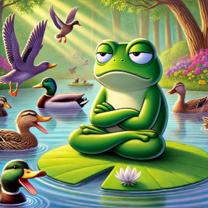 deprimierter Frosch auf Seerose im Teich mit schnatternden Enten