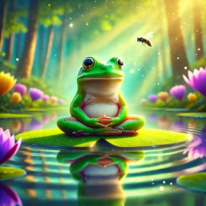entspannt meditierender Frosch auf einer Seerose im Teich