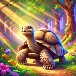 knuffige alte Riesenschildkröte, auf deren Panzer die Sonnenstrahlen durch den Wald scheinen