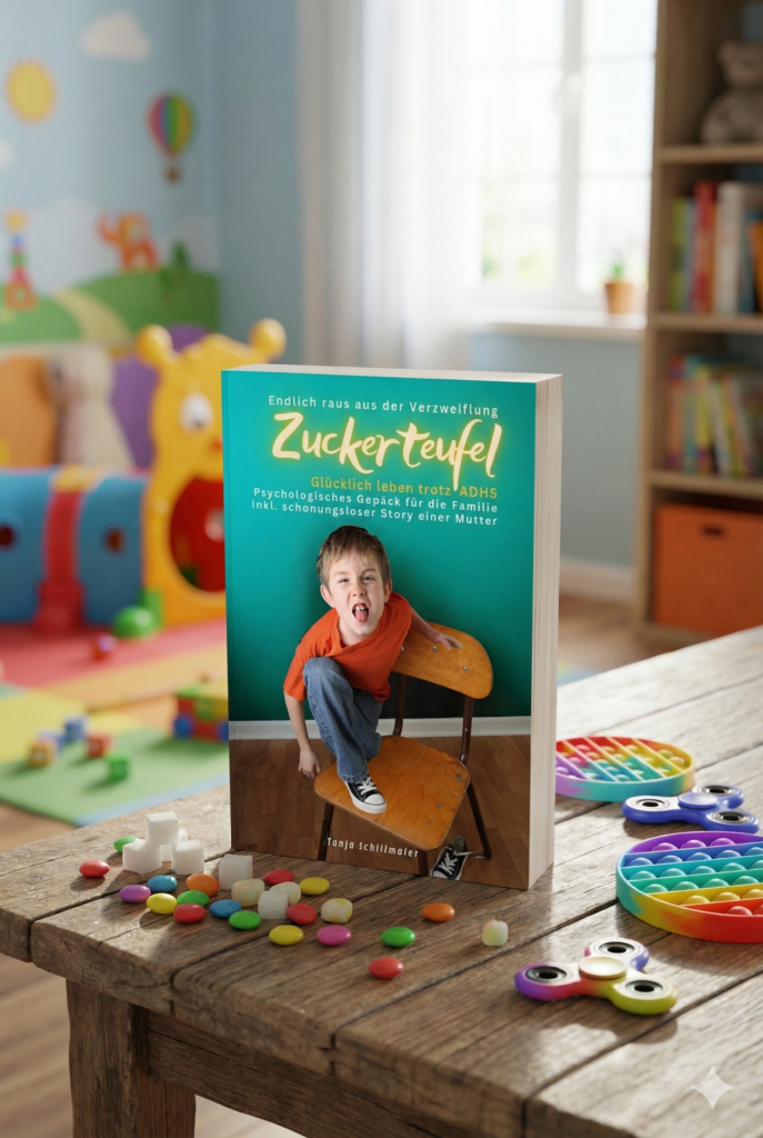 Das Buch steht auf einem Tisch in einem unaufgeräumten Kinderzimmer