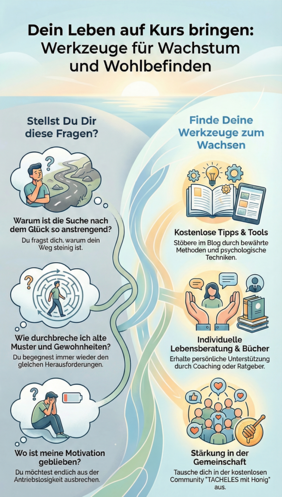 die Grafik veranschaulicht die Fragen eines verunsicherten Lebens und mögliche Werkzeuge bei Leben auf Kurs