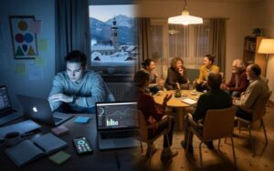 Junger Mann sitzt einsam am PC, während im Hintergrund Freunde fröhlich an einem Tisch zu sehen sind