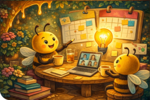 Team sitzt miteinander brainstormend, um neue Ideen und Zukunftsperspektiven zu entwickeln